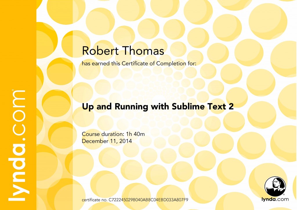 Up and Running with Sublime Text 2 - Certificate Of Completion