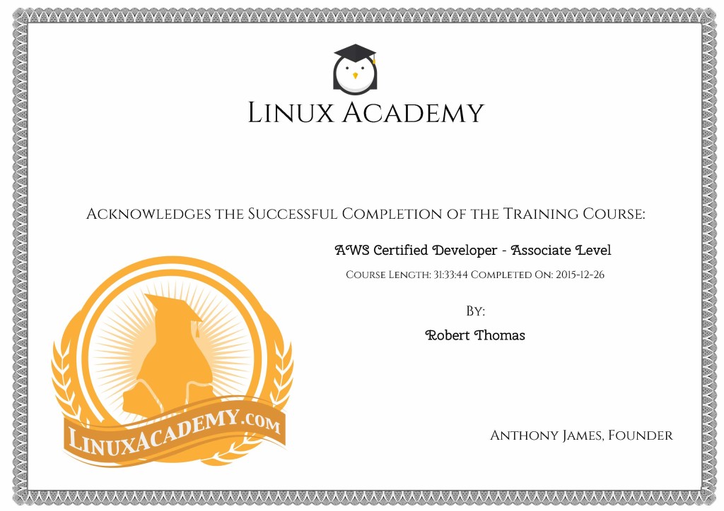 AWS Certified Developer, Associate Level - Certificate of Completion