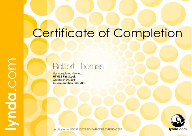 HTML5 First Look, Certificate of Completion, Lynda.com