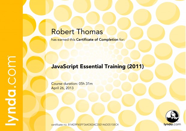 JavaScript Essential Training (2011) Cerrtificate of Completion