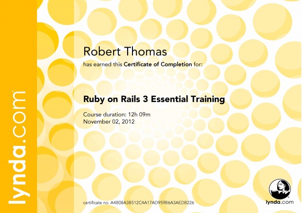 Ruby on Rails 3 Essential Training - Certificate of Completion
