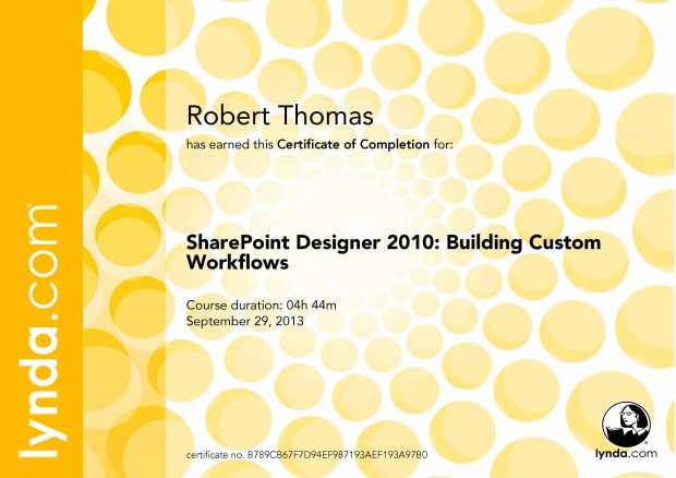 SharePoint Designer 2010: Building Custom Workflows – Certificate Of Completion