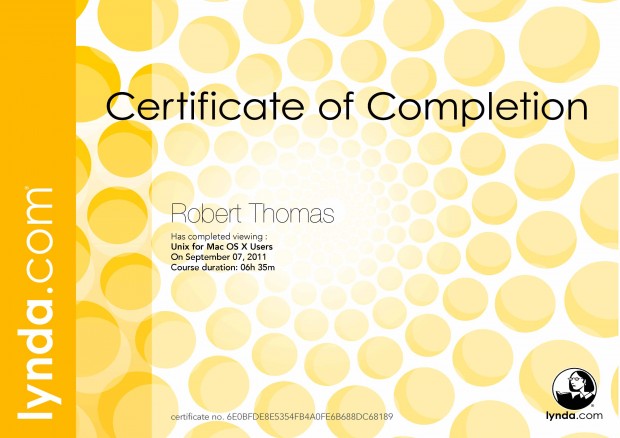 Unix for Mac OS X Users, Certificate of Completion, Lynda.com