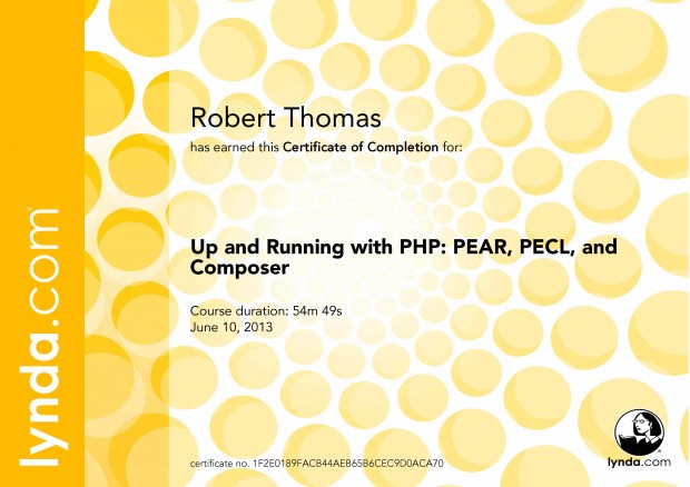 Up and Running with PHP: PEAR, PECL, and Composer - Certificate of Completion