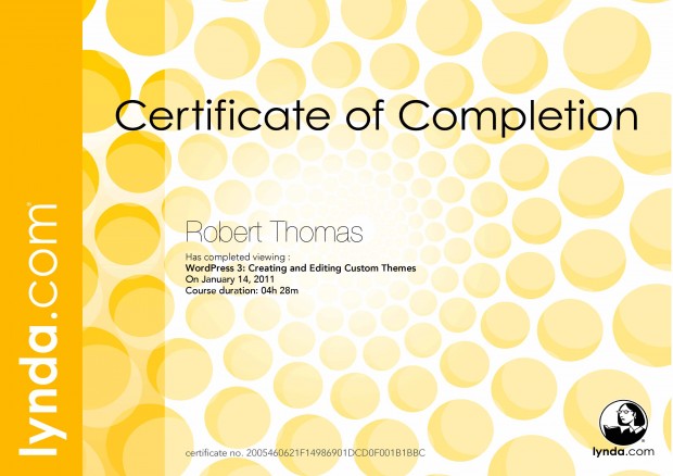 WordPress 3 - Creating and Editing Custom Themes, Certificate of Completion, Lynda.com