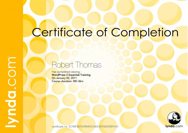 WordPress 3: Essential Training, Certificate of Completion, Lynda.com