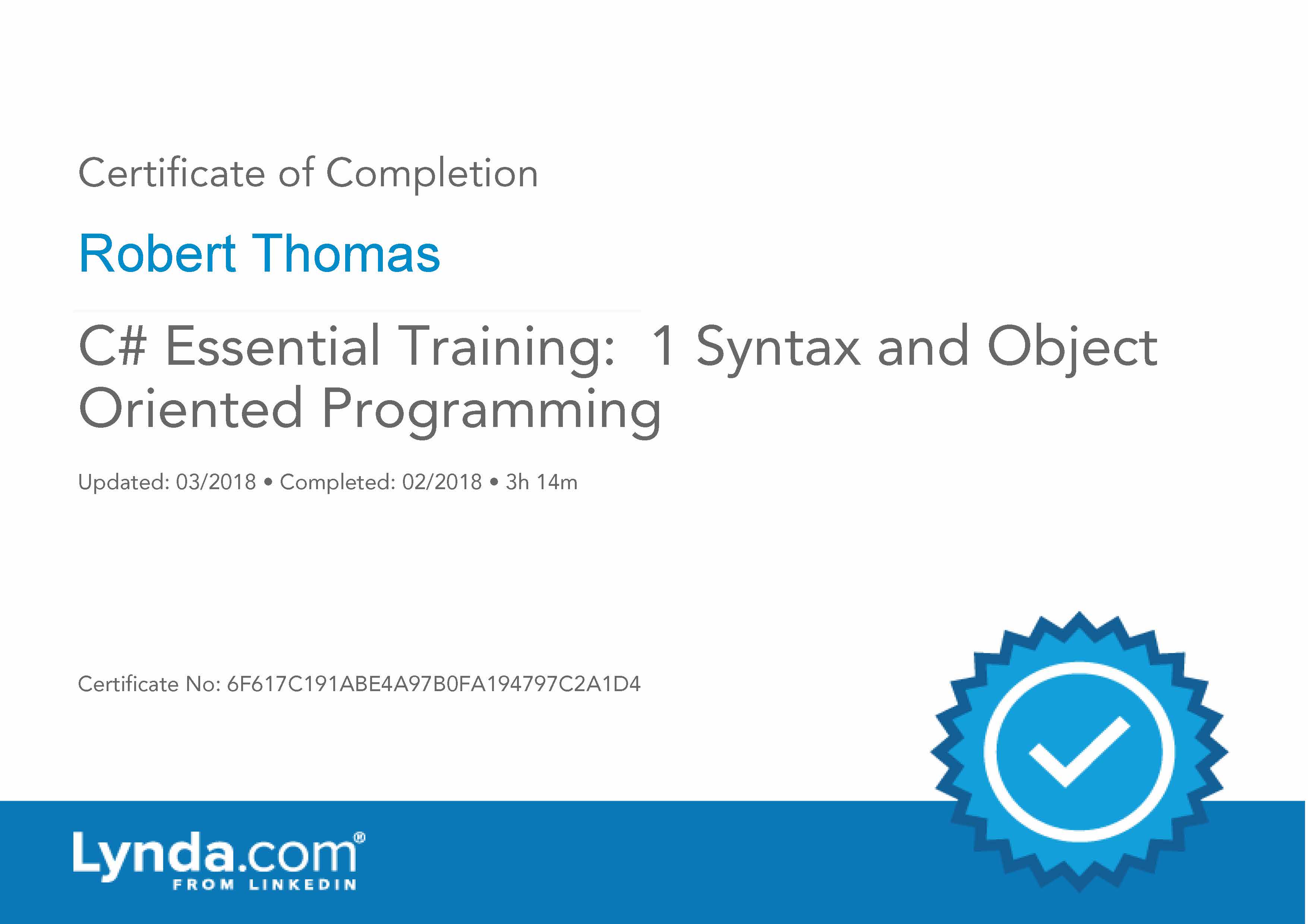 C# EssentialTraining - 1 Syntax and Object Oriented Programming - Certificate Of Completion