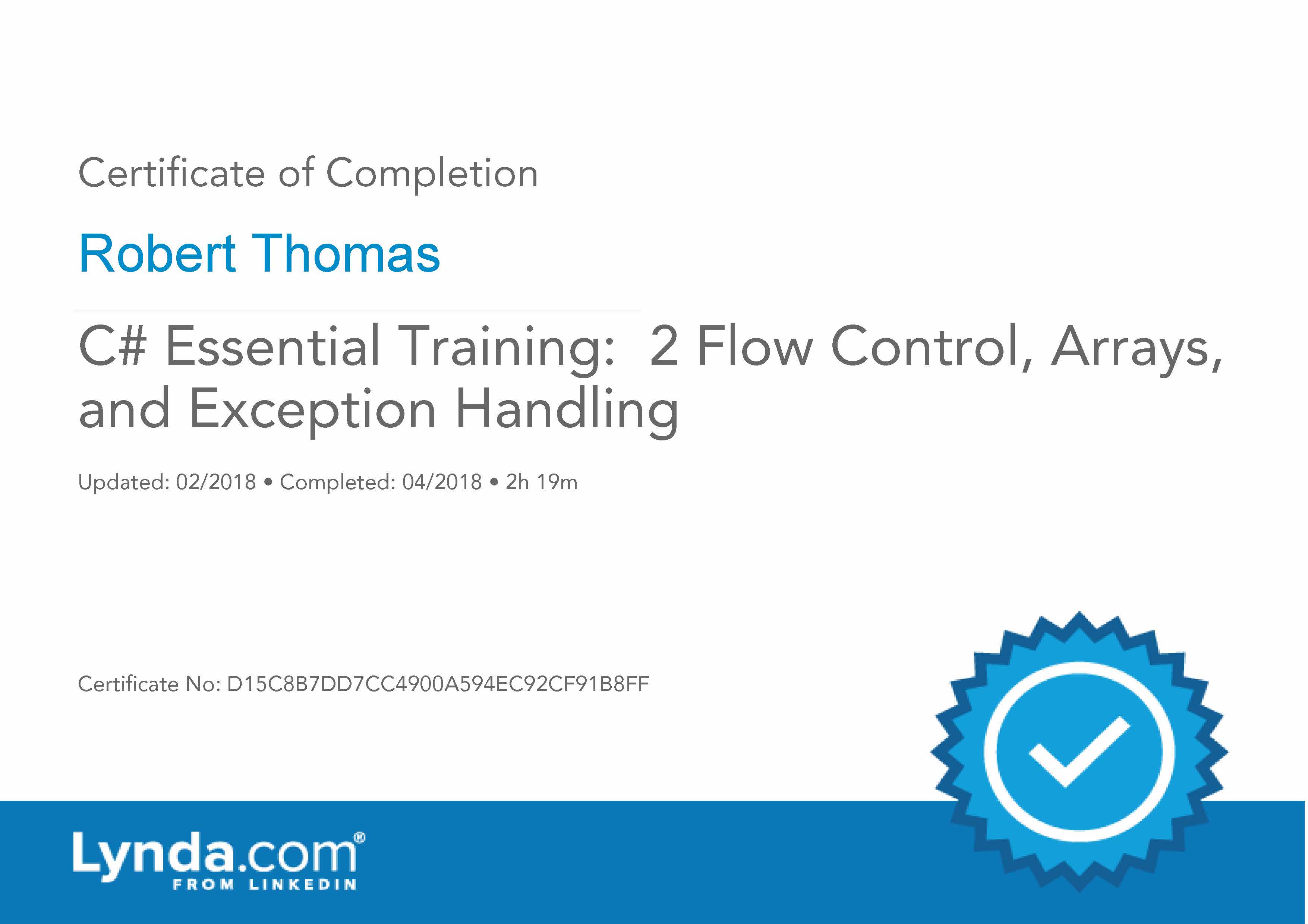 C# Essential Training - 2 - Flow Control Arrays and Exception Handling - Certificate Of Completion